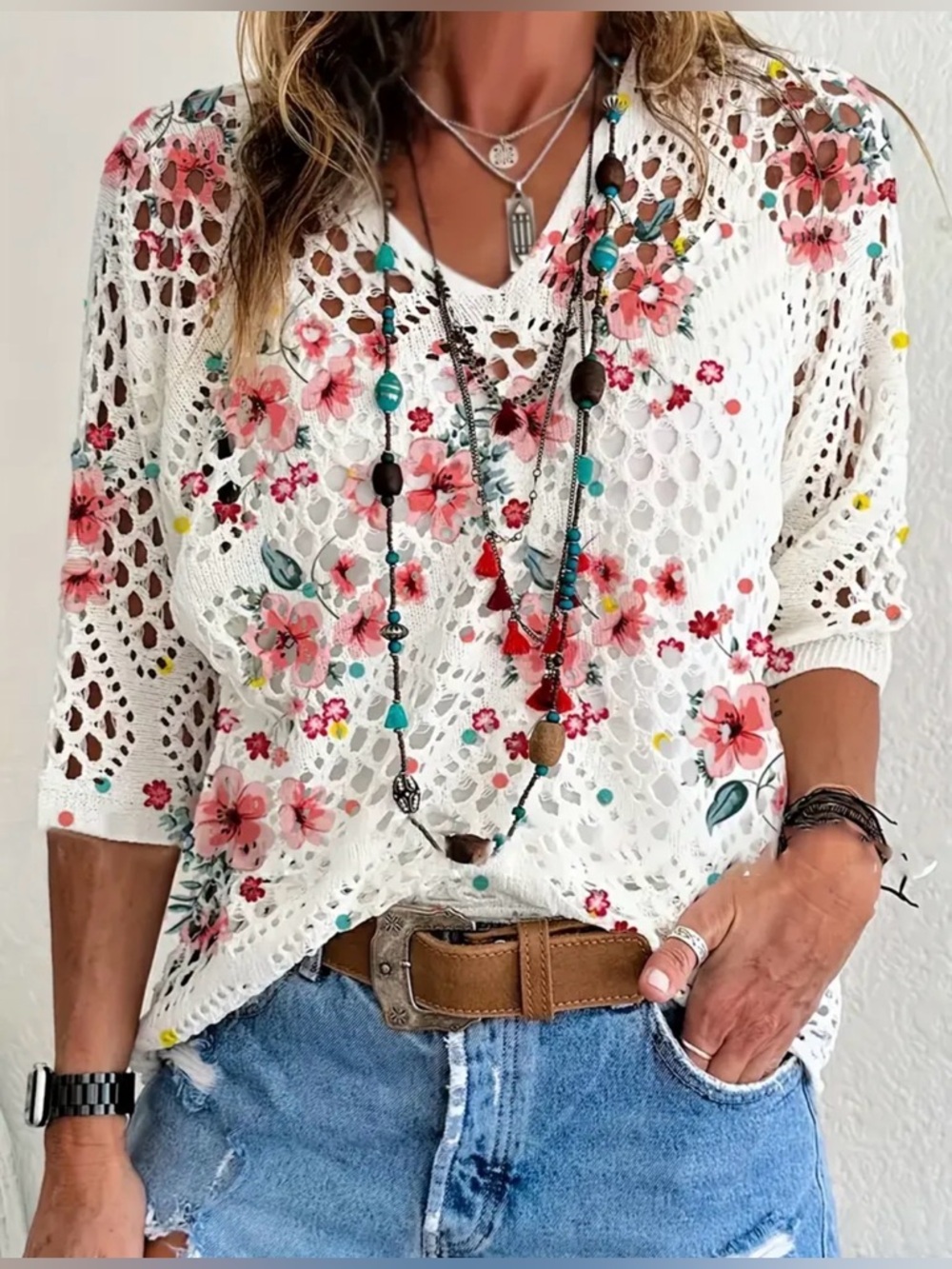 Boho Crochet Floral Top Small | Lightweight Knit, 3/4 Sleeve, Spring Summer, NWT